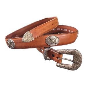 Leather tapered hammered metal golfing belt made in USA SZ 38